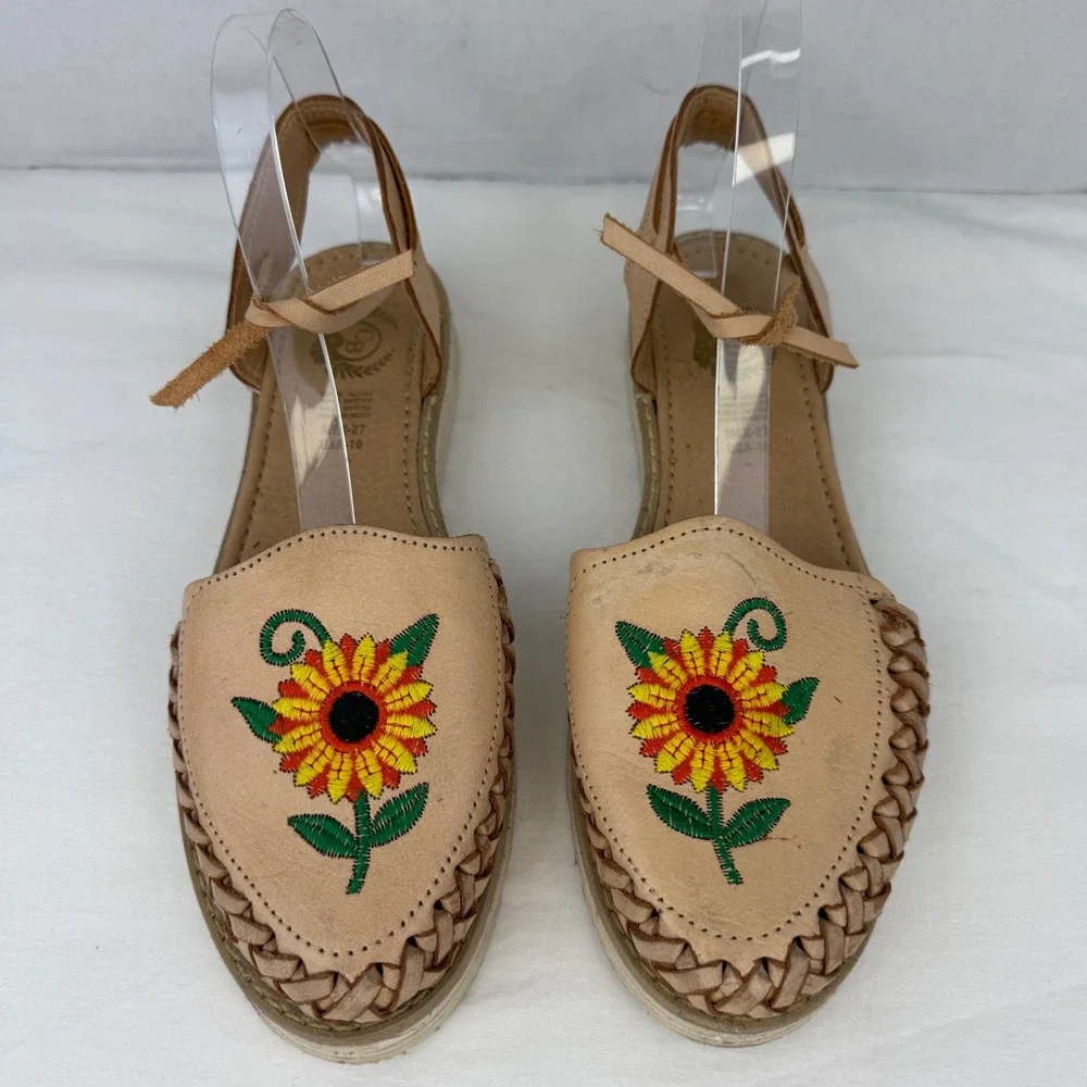 Mexican Huarache Sandals Tan Leather Sunflower‎ Embroidered Ankle Tie Flats 10